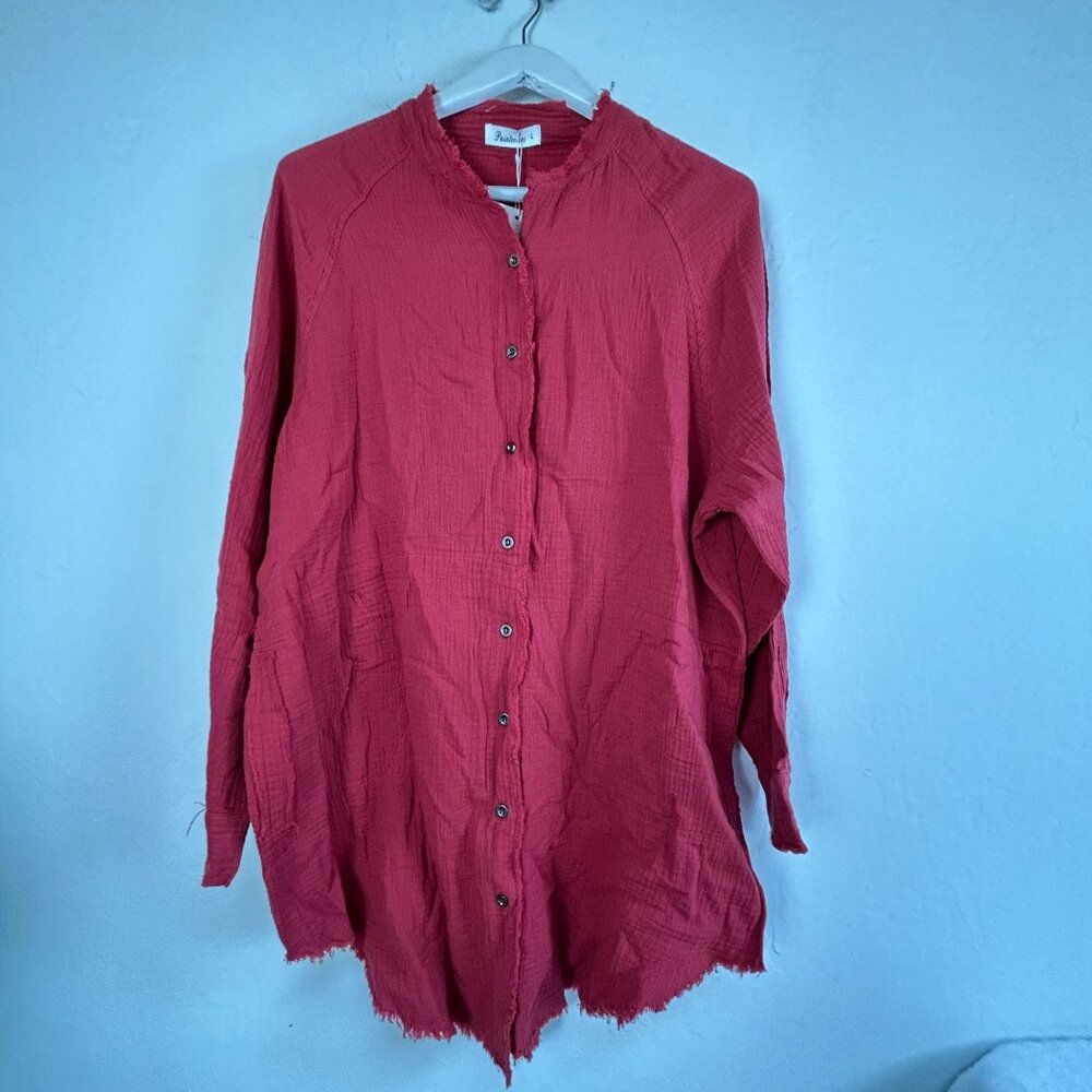 Paintcolors Womens Long Sleeve Button Up Raw-Trim Tunic Shirt Top Large Red New